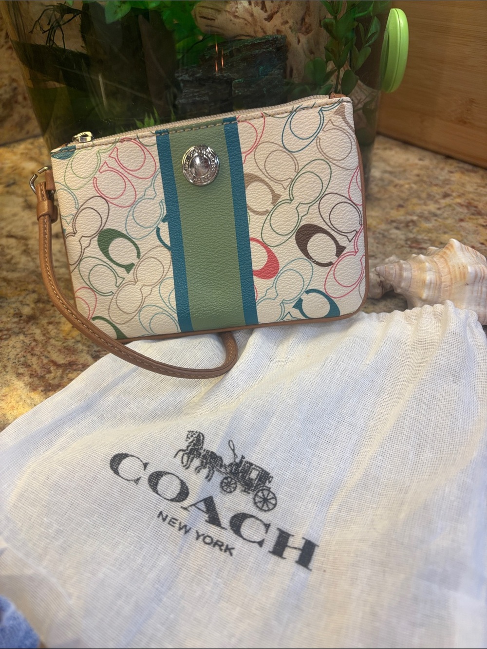 Coach Multicolor Signature Wristlet with Green Stripe with dustbag - Picture 7 of 7